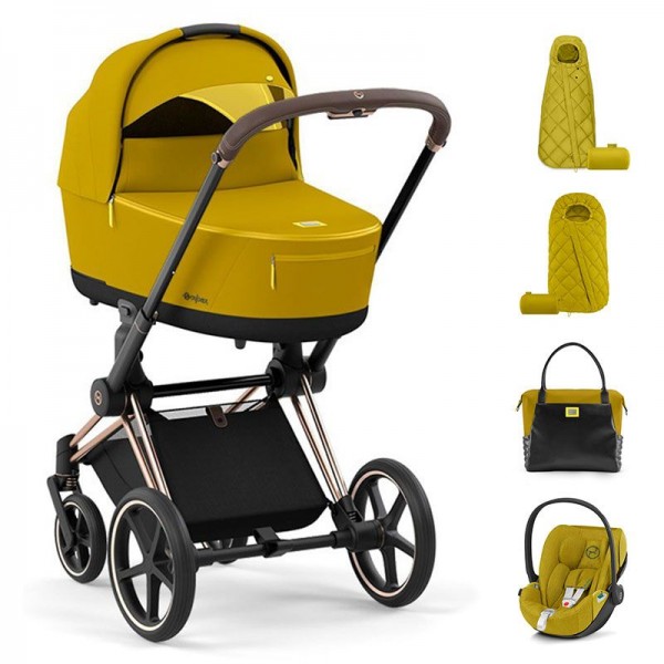 Бебешка количка 2 в 1 Cybex Шаси Priam 4 + Кош за новородено Lux + Стол за кола Cloud Z2 i-size plus + Snogga 2 + Snogga Mini